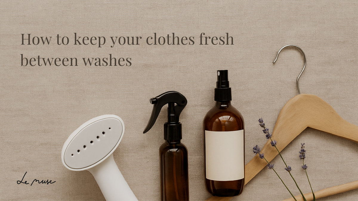 Garment steamer, spray bottles, lavender and a wooden hanger on beige linen