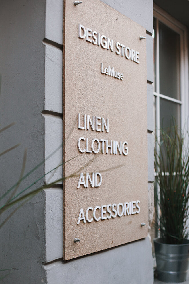 LeMuse design store sign: linen clothing and accessories