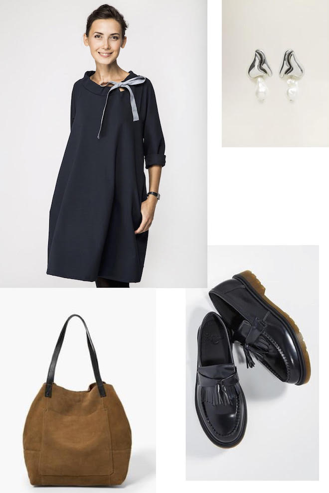Navy dress styled with silver earrings, a brown suede tote and black loafers