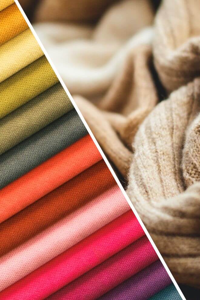 Bunte Synthetikstoffmuster neben weicher beiger Strickwolle