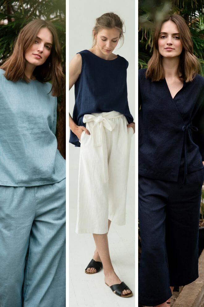 Three linen pants outfits: light blue set, navy top with white pants, navy wrap set