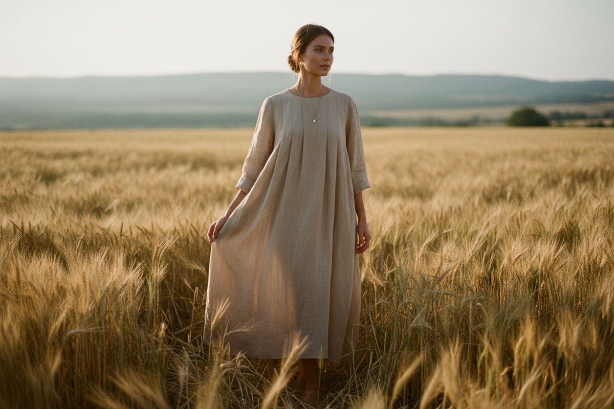Frau in langem naturfarbenem Leinenkleid in einem goldenen Weizenfeld