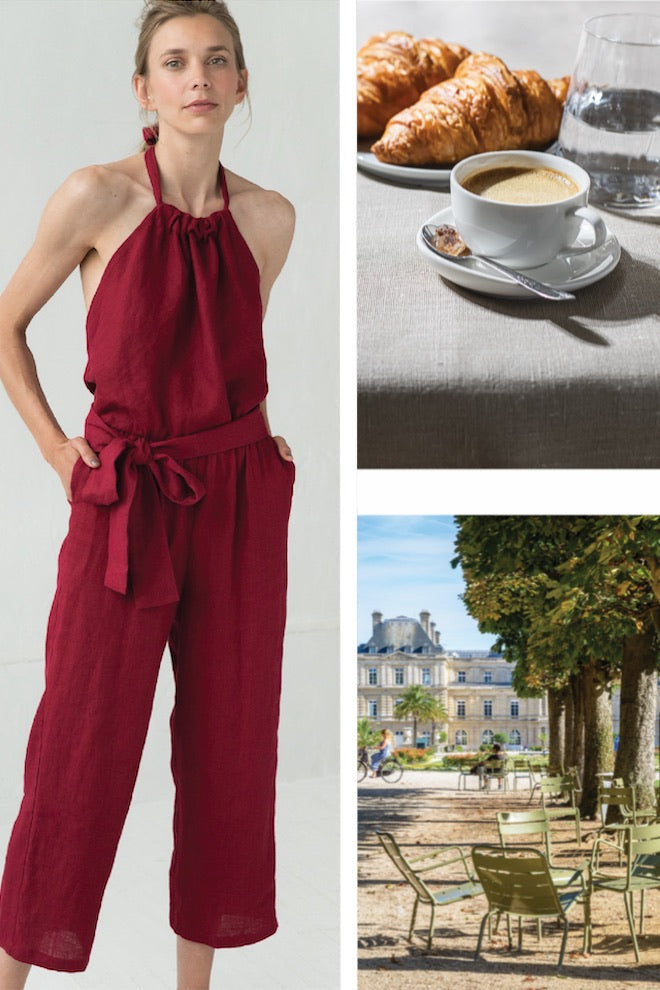 Woman in a burgundy linen halter jumpsuit next to café and Paris park scenes