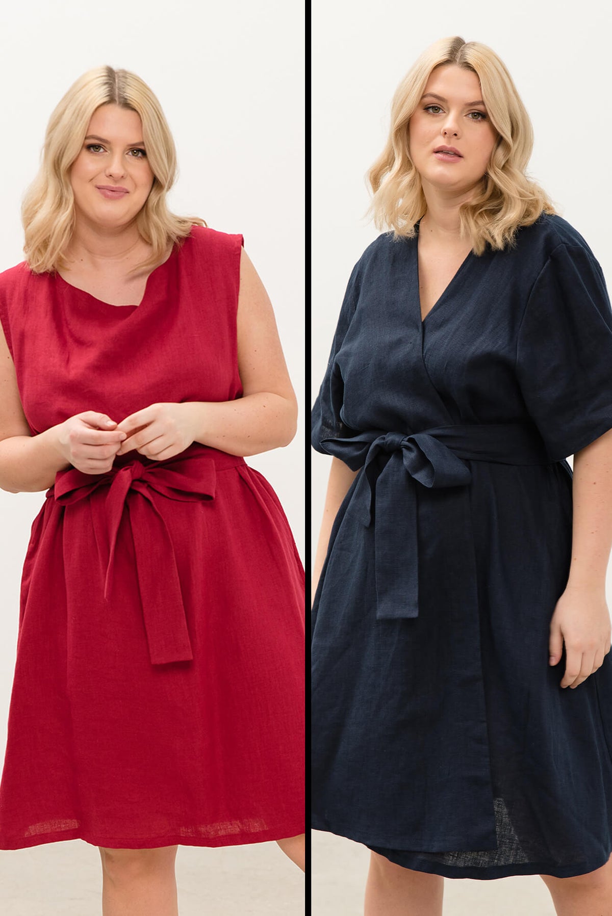 Plus-size woman in two LeMuse linen dresses: red sleeveless and navy wrap, both with tie belts