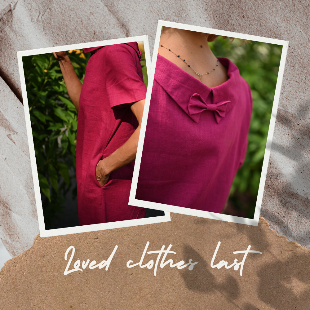 Kuvia kirsikanpunaisesta pellavamekosta, jossa rusetti kauluksen alla, otsikko Loved clothes last