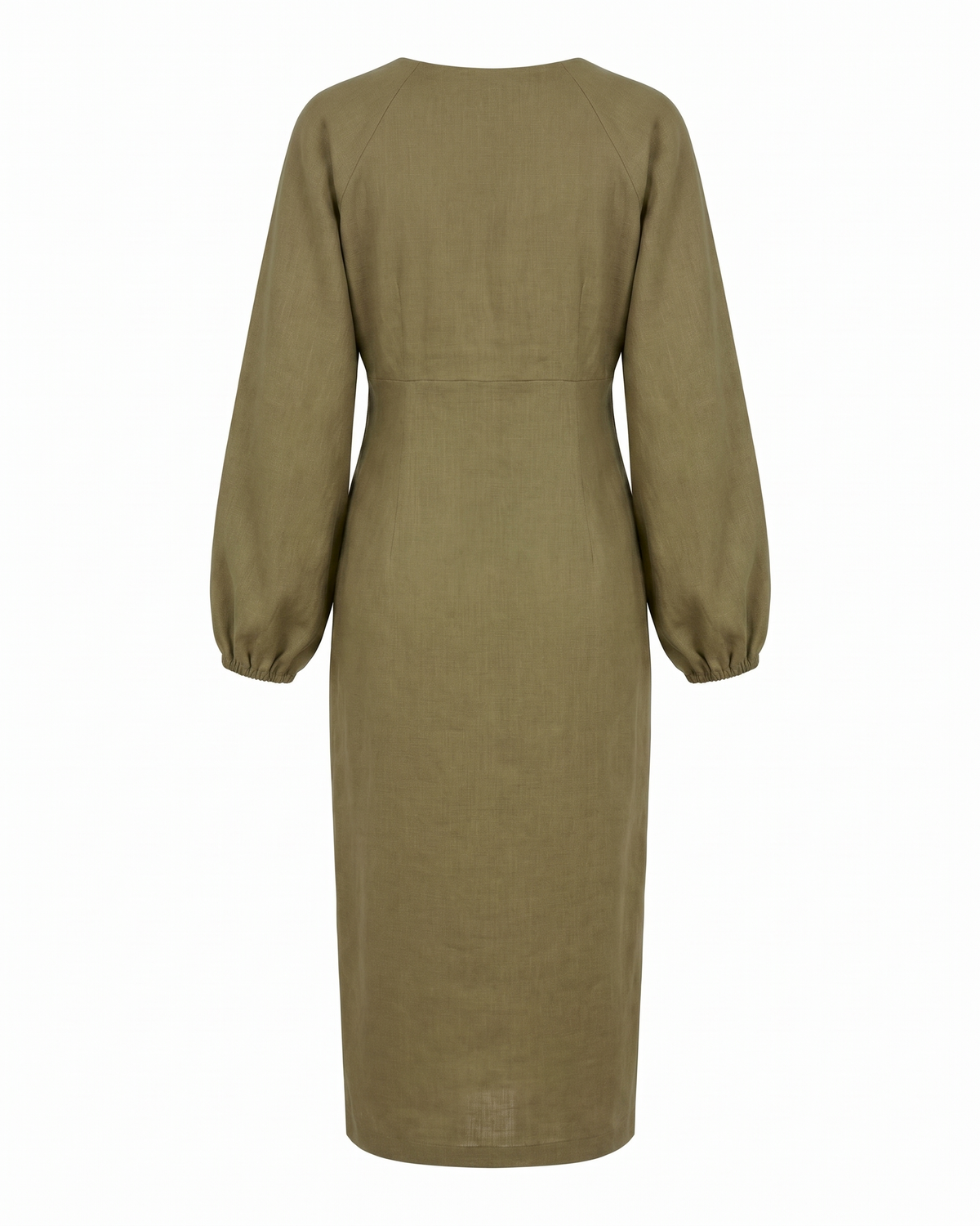 An olive green long-sleeve midi dress viewed from the back, featuring a gathered waist and raglan sleeves, shown on a plain white background. #Color_Olive green