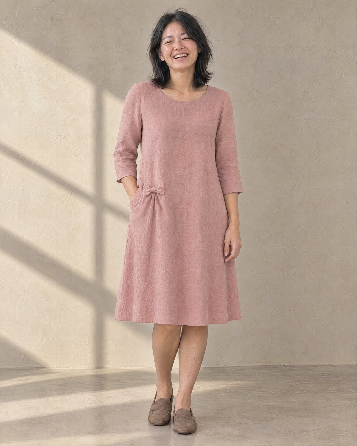 ADELE linen swing dress in dusty rose with small hip bow, front view