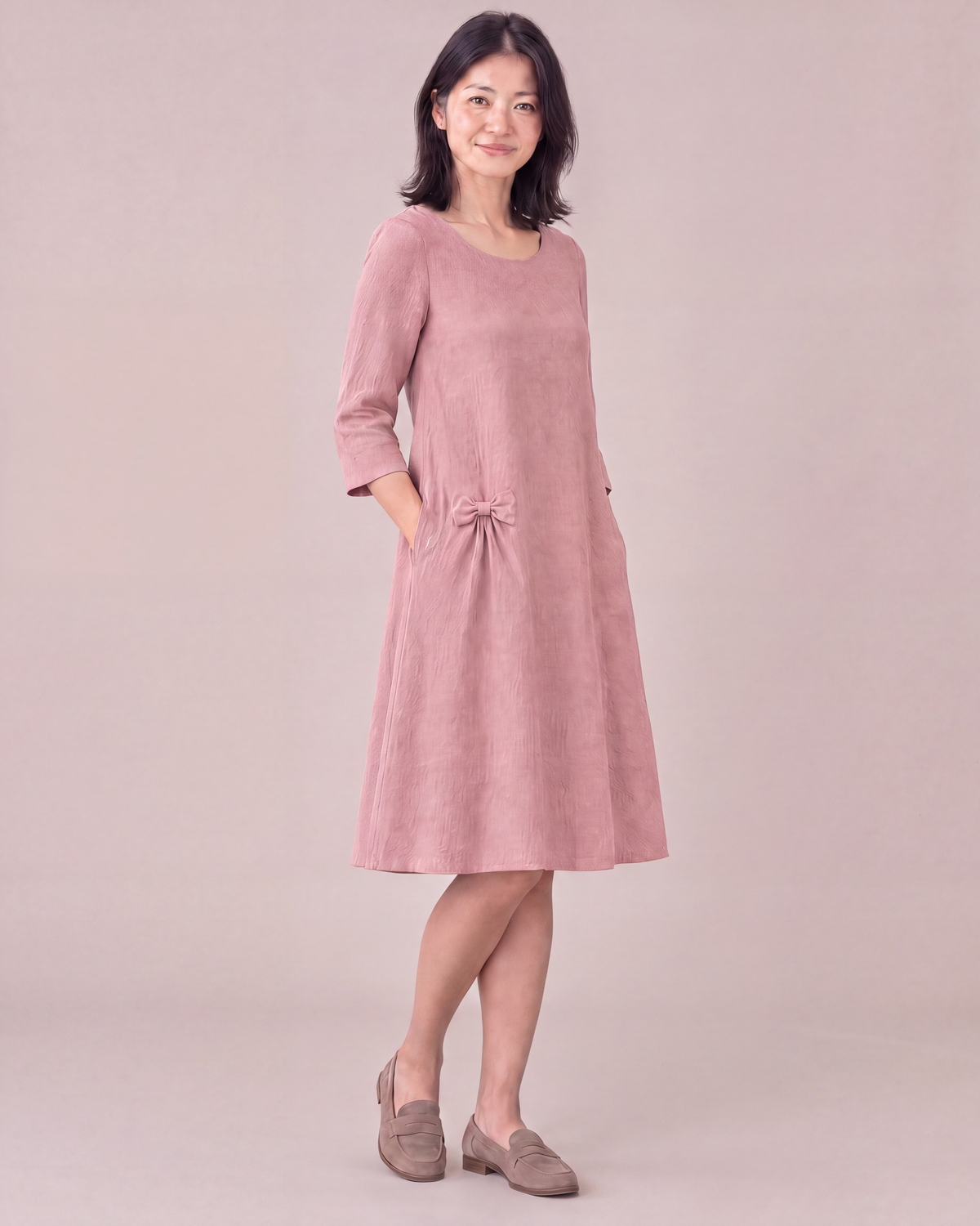 ADELE dusty rose linen swing dress, three-quarter view