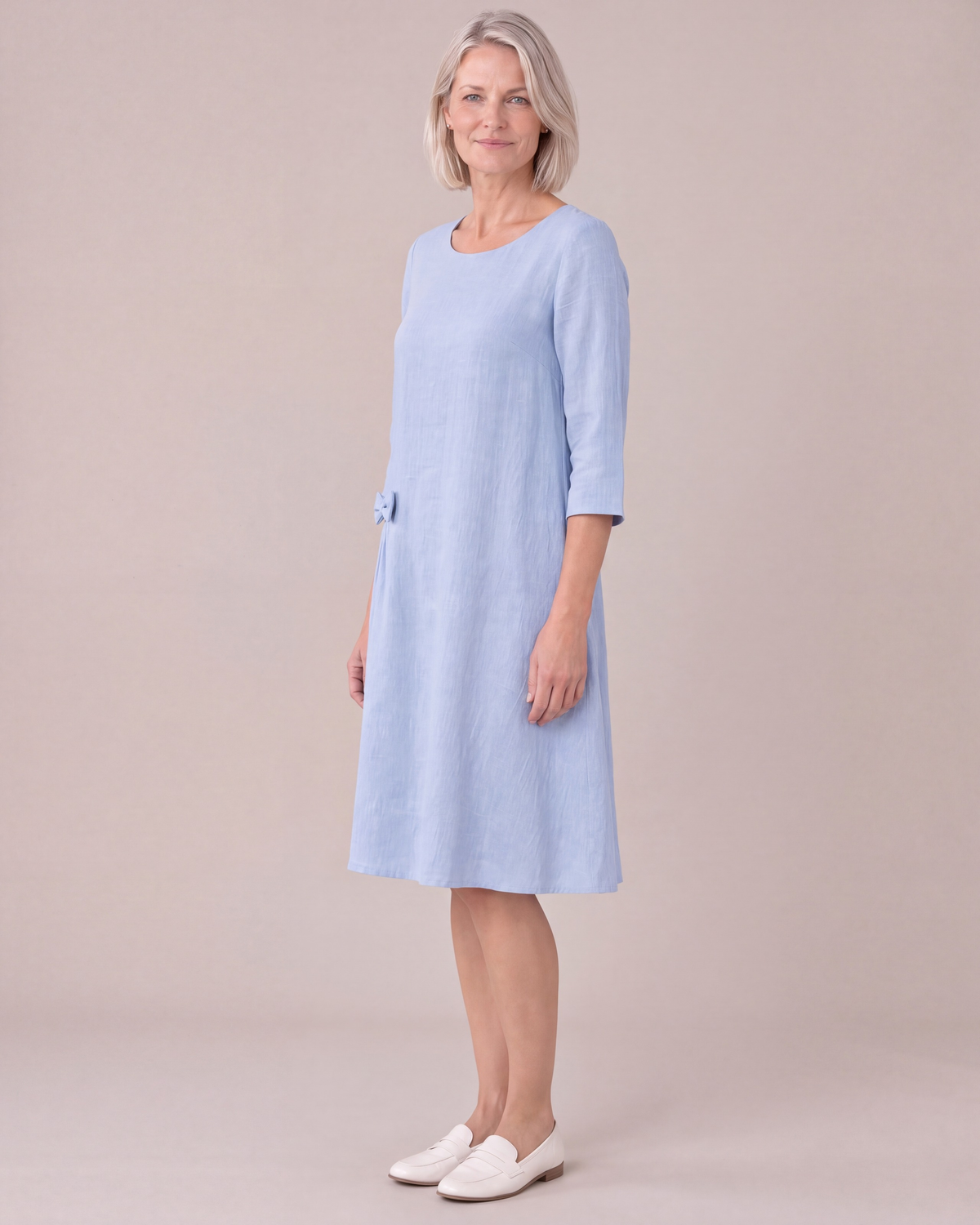 ADELE light blue linen swing dress, three-quarter view
