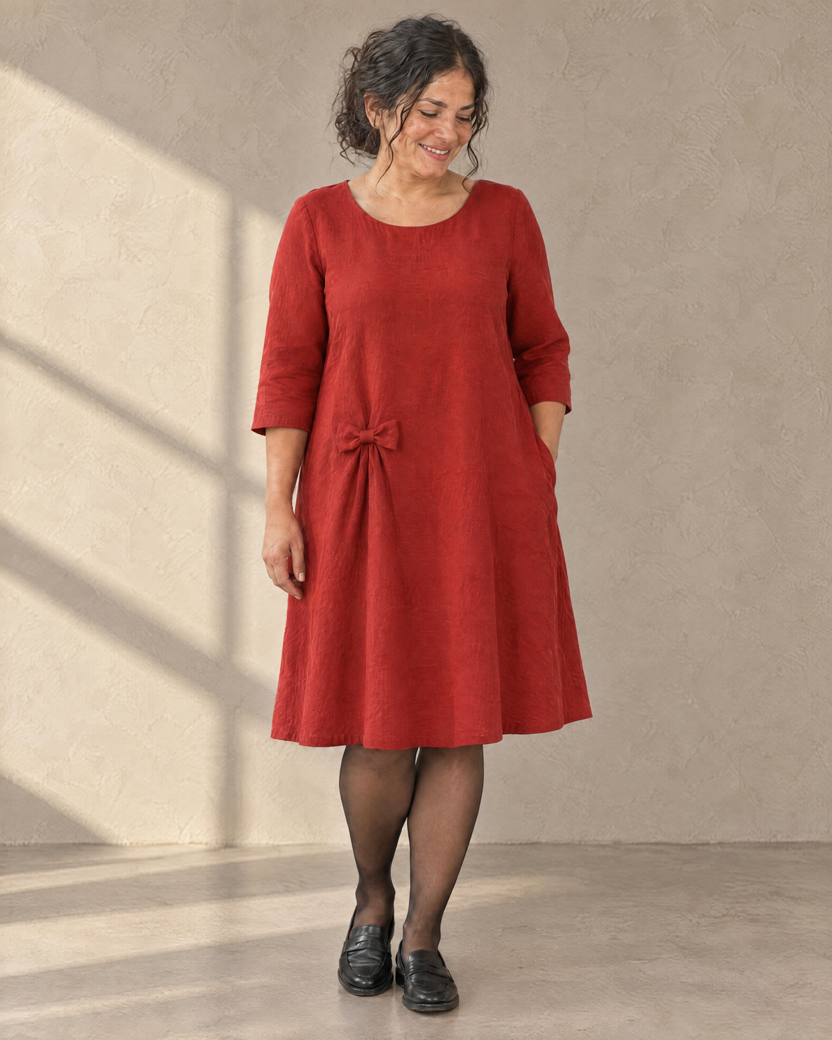 ADELE linen swing dress in red with small hip bow, front view