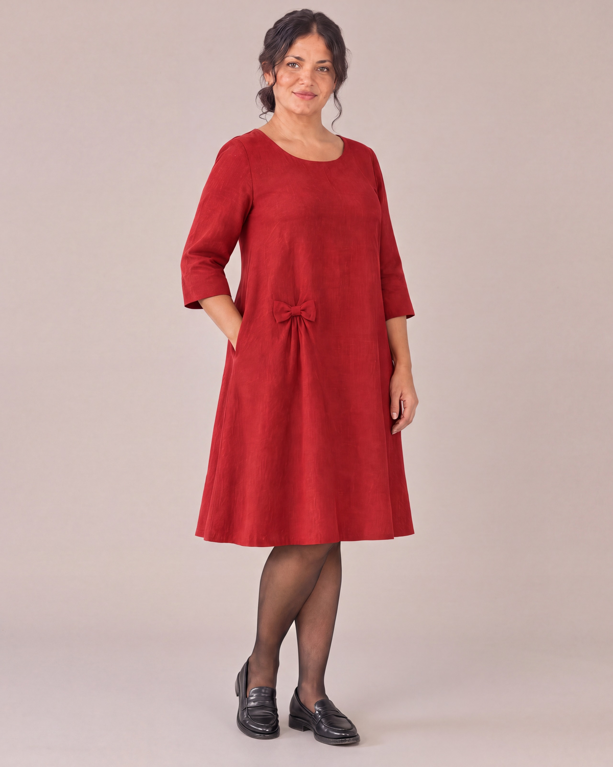 ADELE red linen swing dress, three-quarter view
