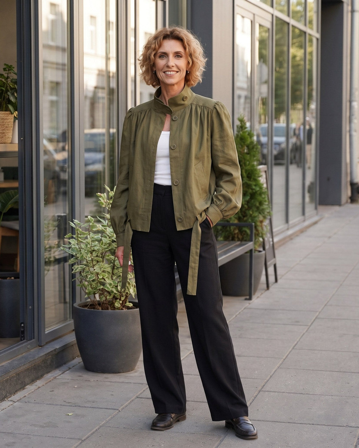 A woman stands on a city sidewalk wearing an olive green jacket with a stand collar and tie belt, paired with black wide-leg trousers and a white top. #Color_Olive green