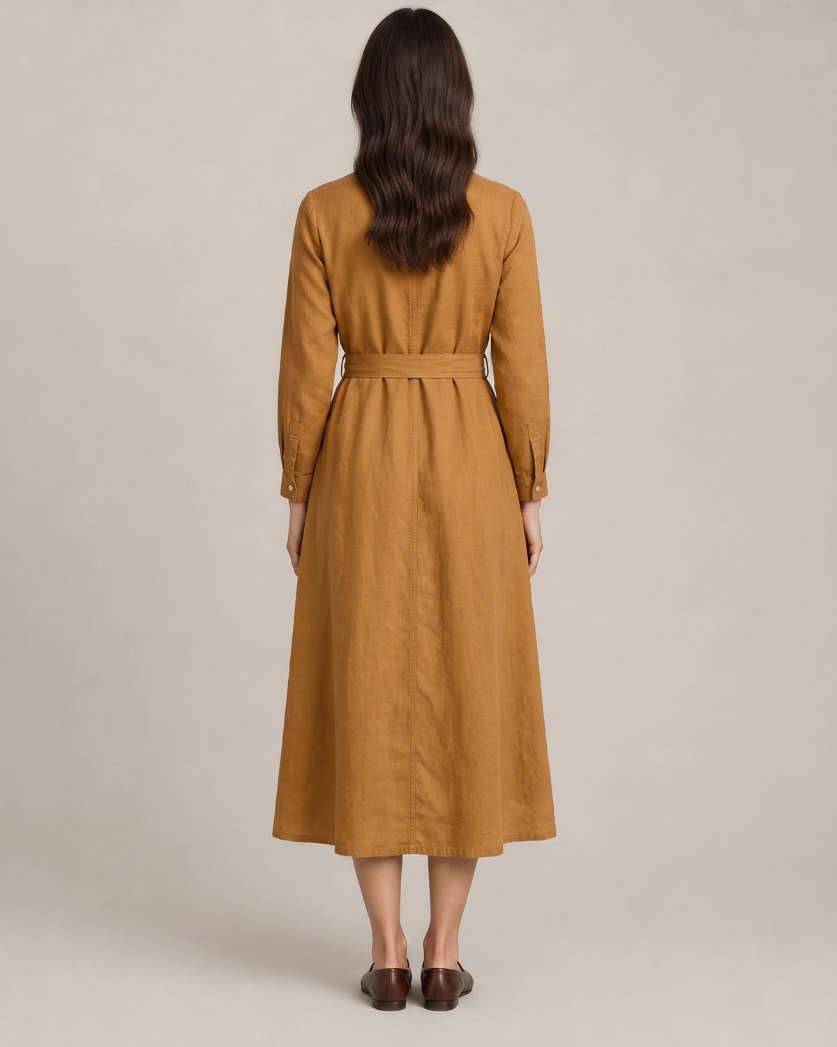 AUTUMN – ochros lininė suknelė, nugara #Color_Ochre