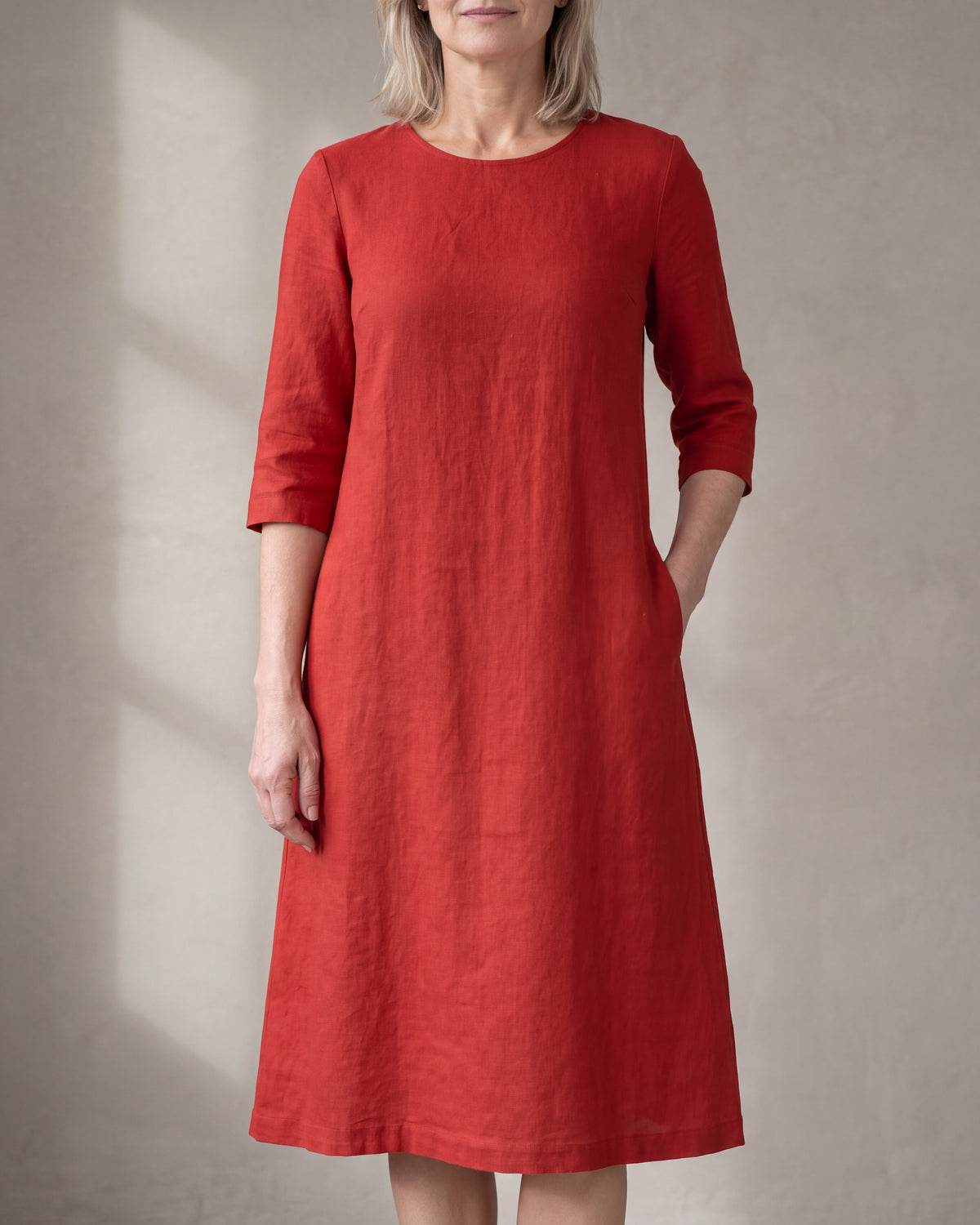 BASE Red linen A-line midi dress with 3/4 sleeves, close front view