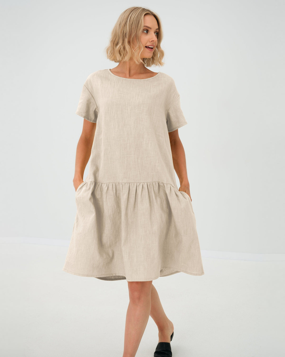 LeMuse BLOSSOM linen dress in beige – studio front #Color_Beige