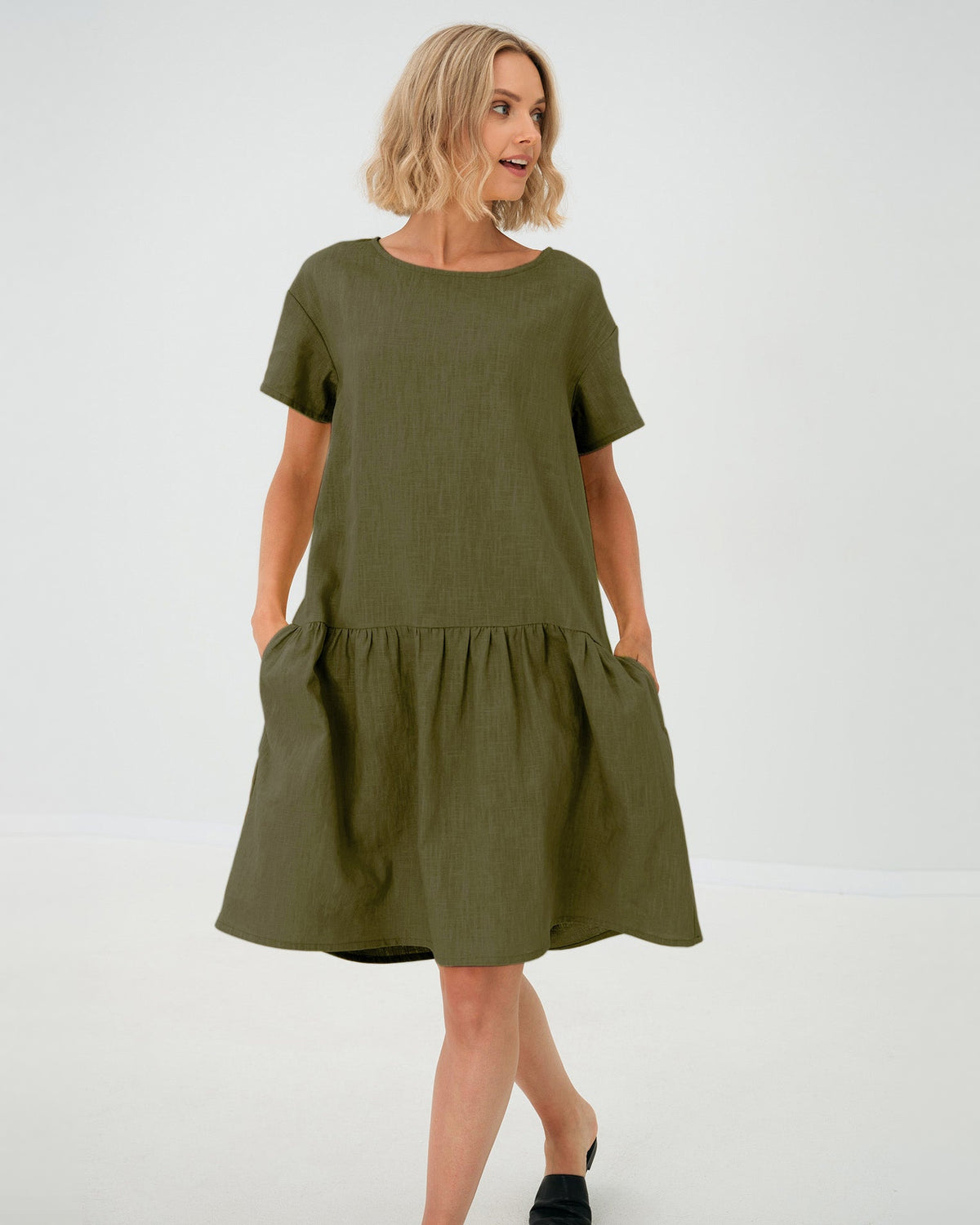 LeMuse BLOSSOM linen dress in olive green – studio front #Color_Olive green