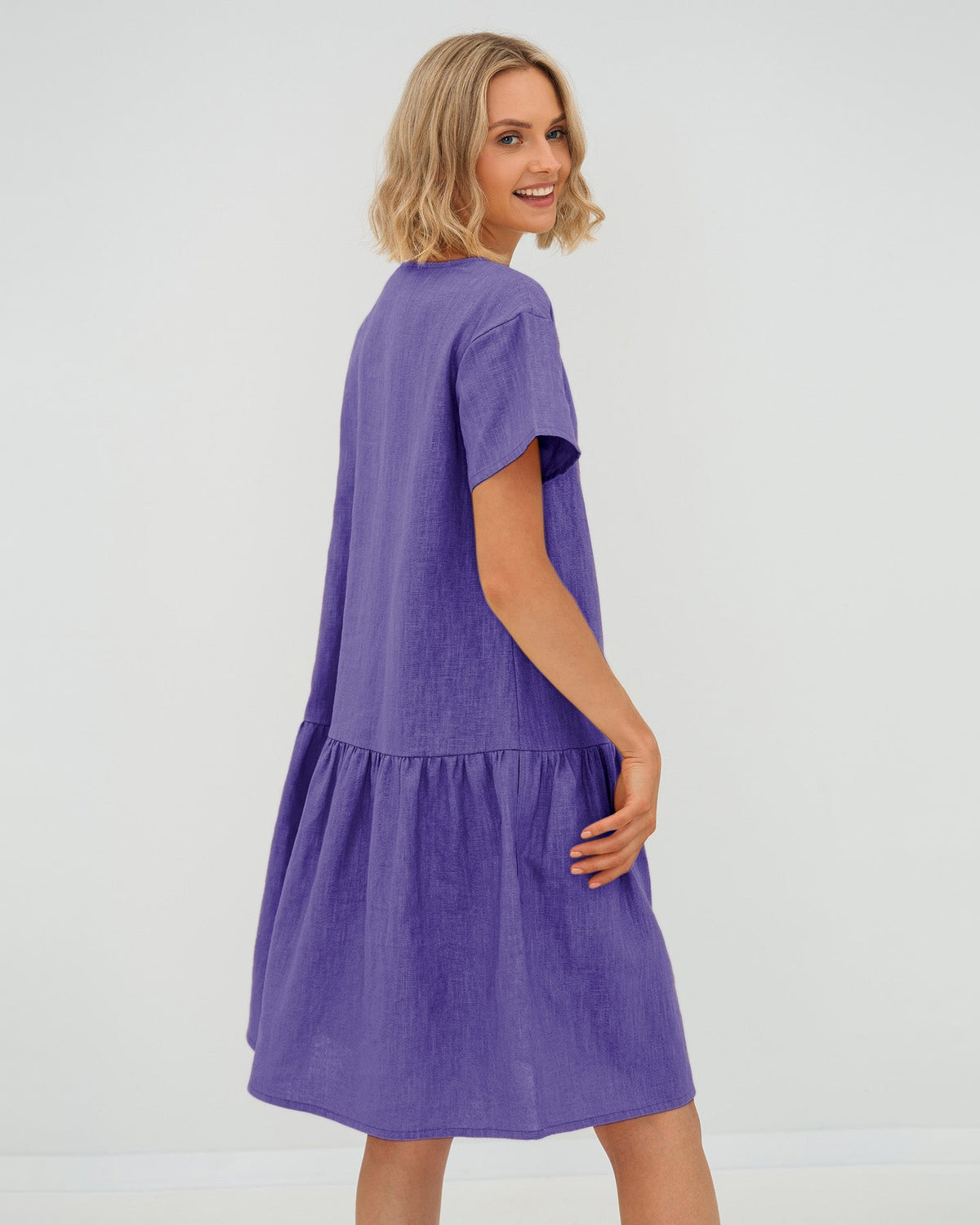 LeMuse BLOSSOM linen dress in purple – studio back #Color_Purple