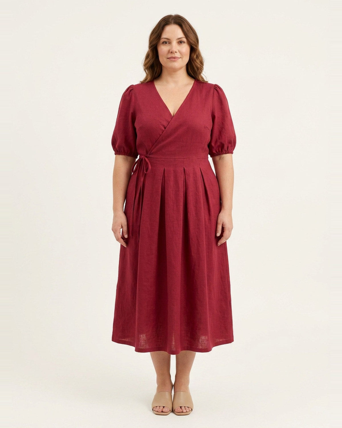 BONNIE – Linen Blend Puff Sleeve Tie-Waist Midi Dress – Burgundy suknelė, front view, full length in studio #Color_Burgundy
