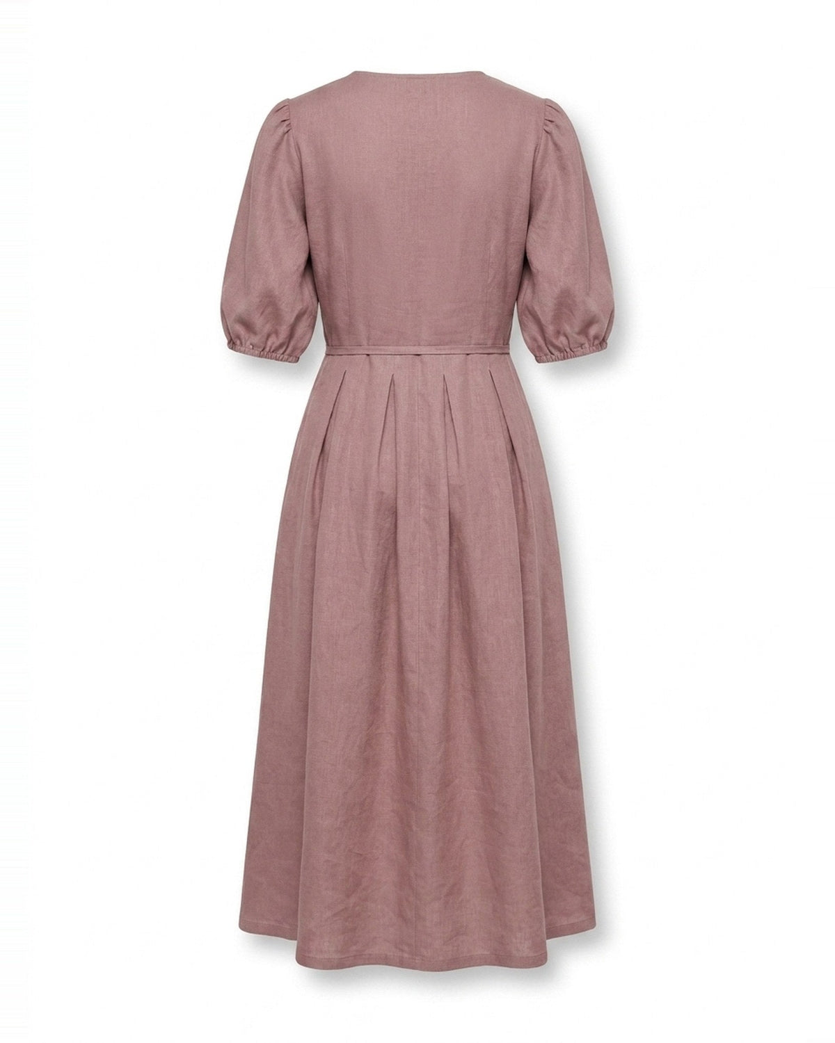 BONNIE – Linen Blend Puff Sleeve Tie-Waist Midi Dress – Dusty rose suknelė, back view, full length in studio #Color_Dusty rose