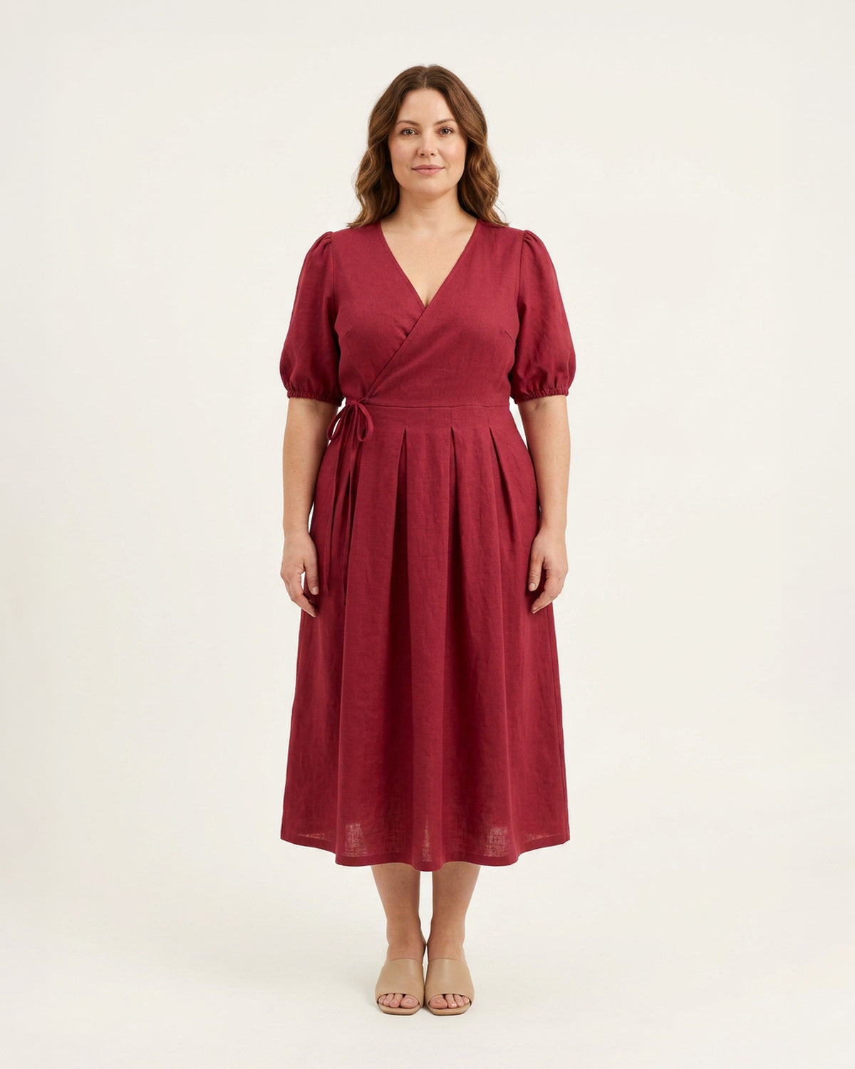 BONNIE SUPERSTAR – Linen Blend Puff Sleeve Tie-Waist Dress — Plus Size – cerise linen dress, full-length front view in the studio #Color_Cerise