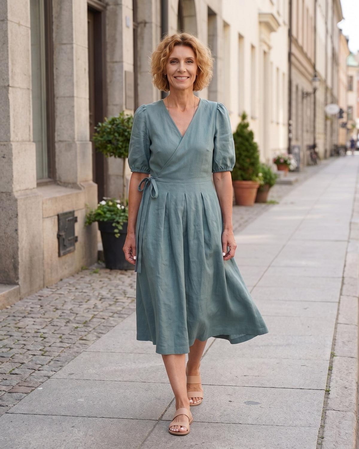 BONNIE – Linen Blend Puff Sleeve Tie-Waist Midi Dress – Teal suknelė, lifestyle photo, walking on a city street #Color_Teal