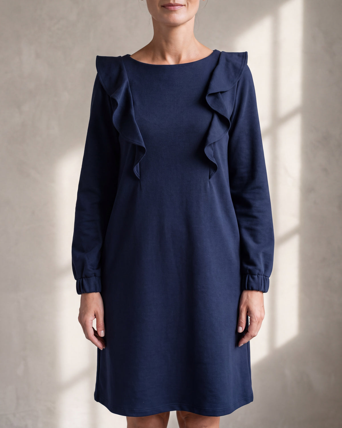 BUTTERFLY Deep blue Punto Milano ruffle A-line dress, close front view