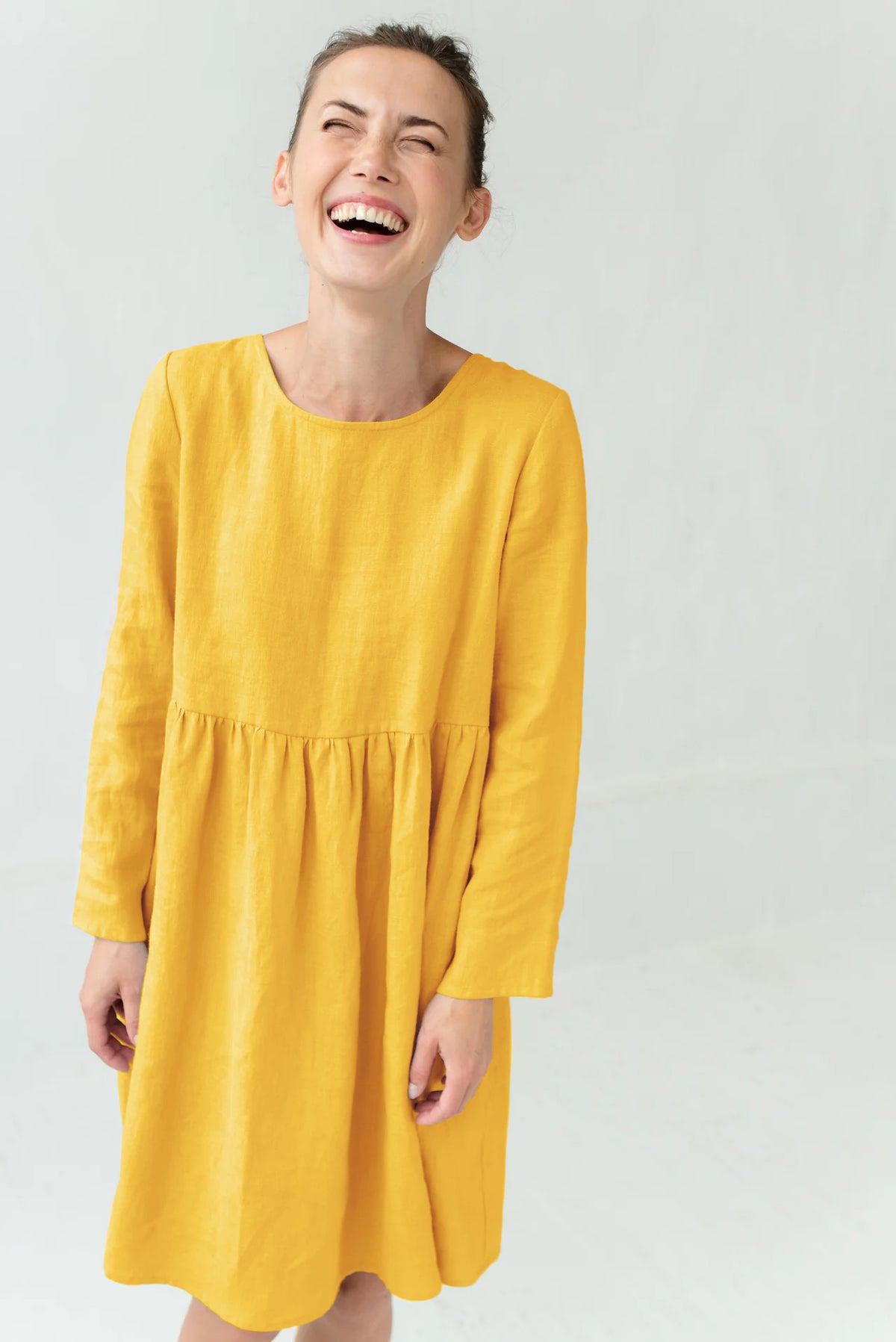 LeMuse CANDY linen dress in yellow – studio front #Color_Yellow