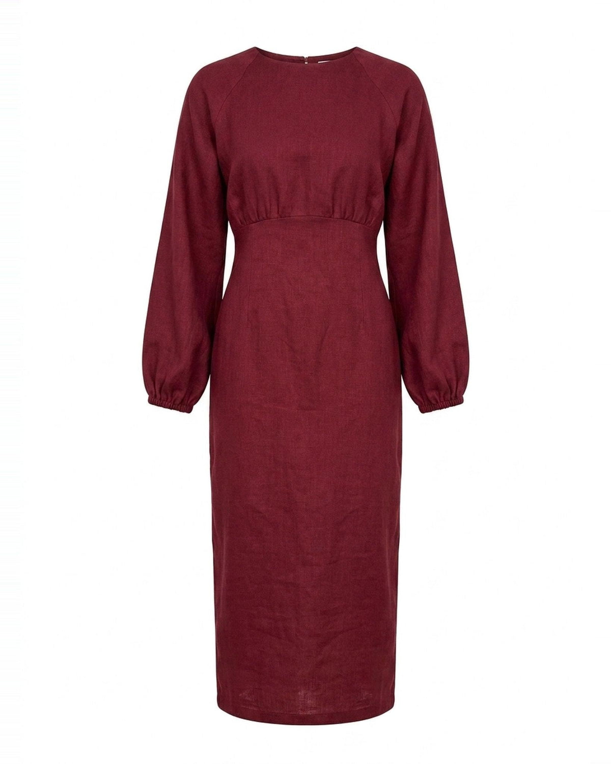 A long-sleeved midi dress in a deep burgundy color, featuring a gathered waist and a simple round neckline, shown against a plain white background. #Color_Burgundy