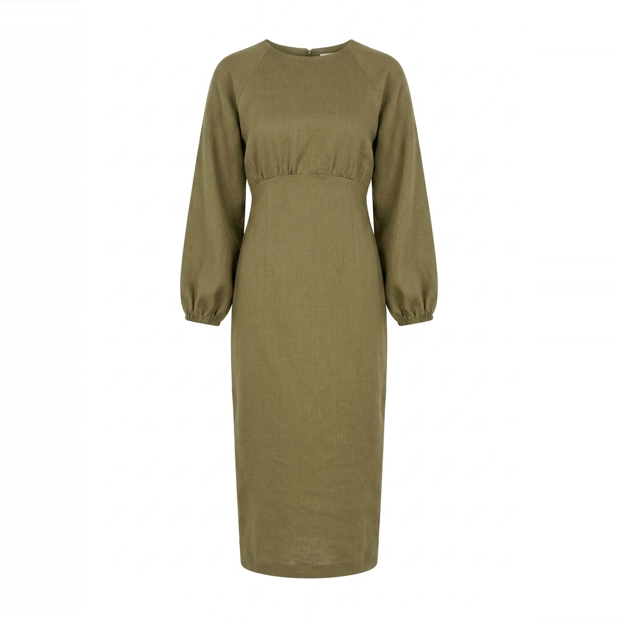 An olive green long-sleeve midi dress with a gathered waist and raglan sleeves, shown on a plain white background.