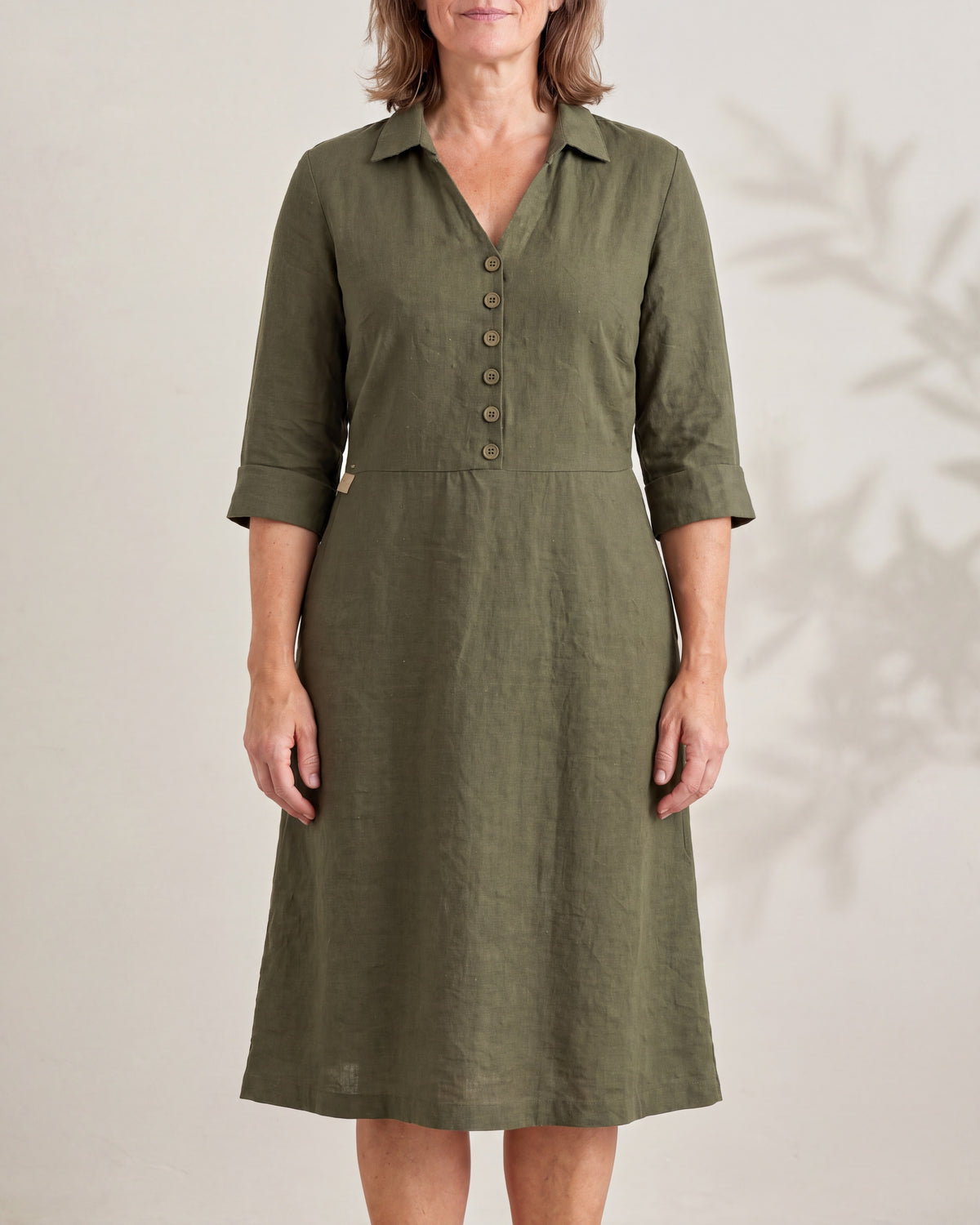 CARRY olive green linen A-line midi shirt dress, close front view