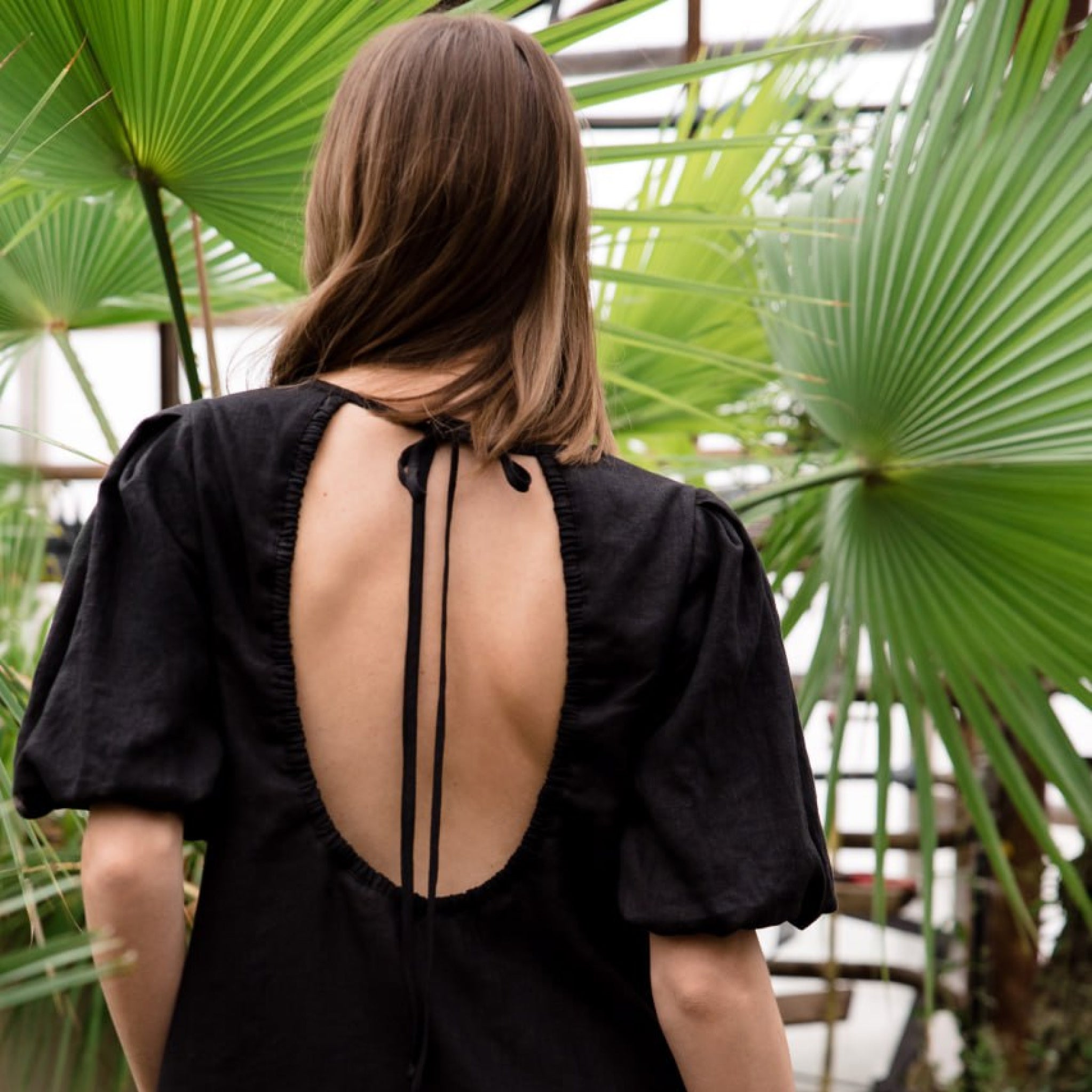 CHARM — Stonewashed Linen Dress, Open Back, Puff Sleeves