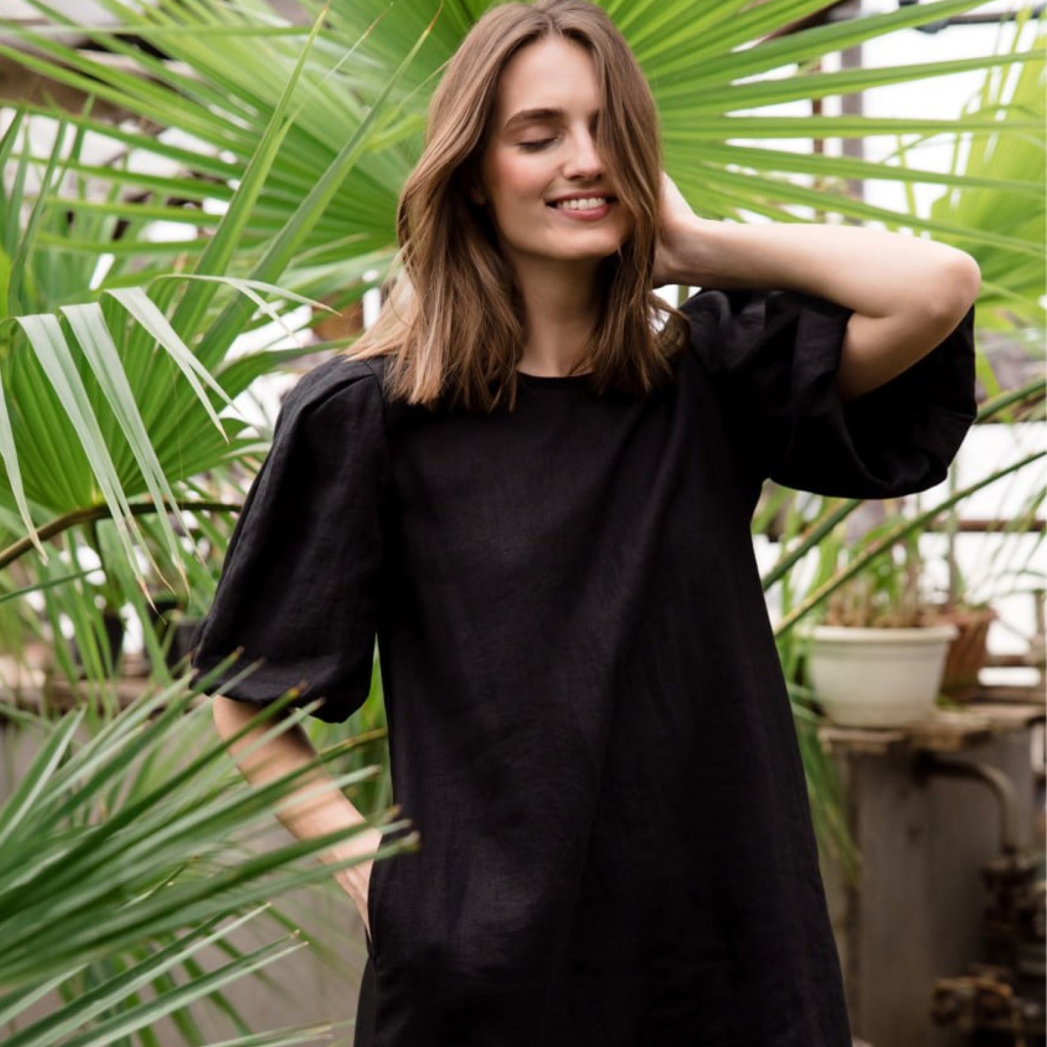 CHARM — Stonewashed Linen Dress, Open Back, Puff Sleeves