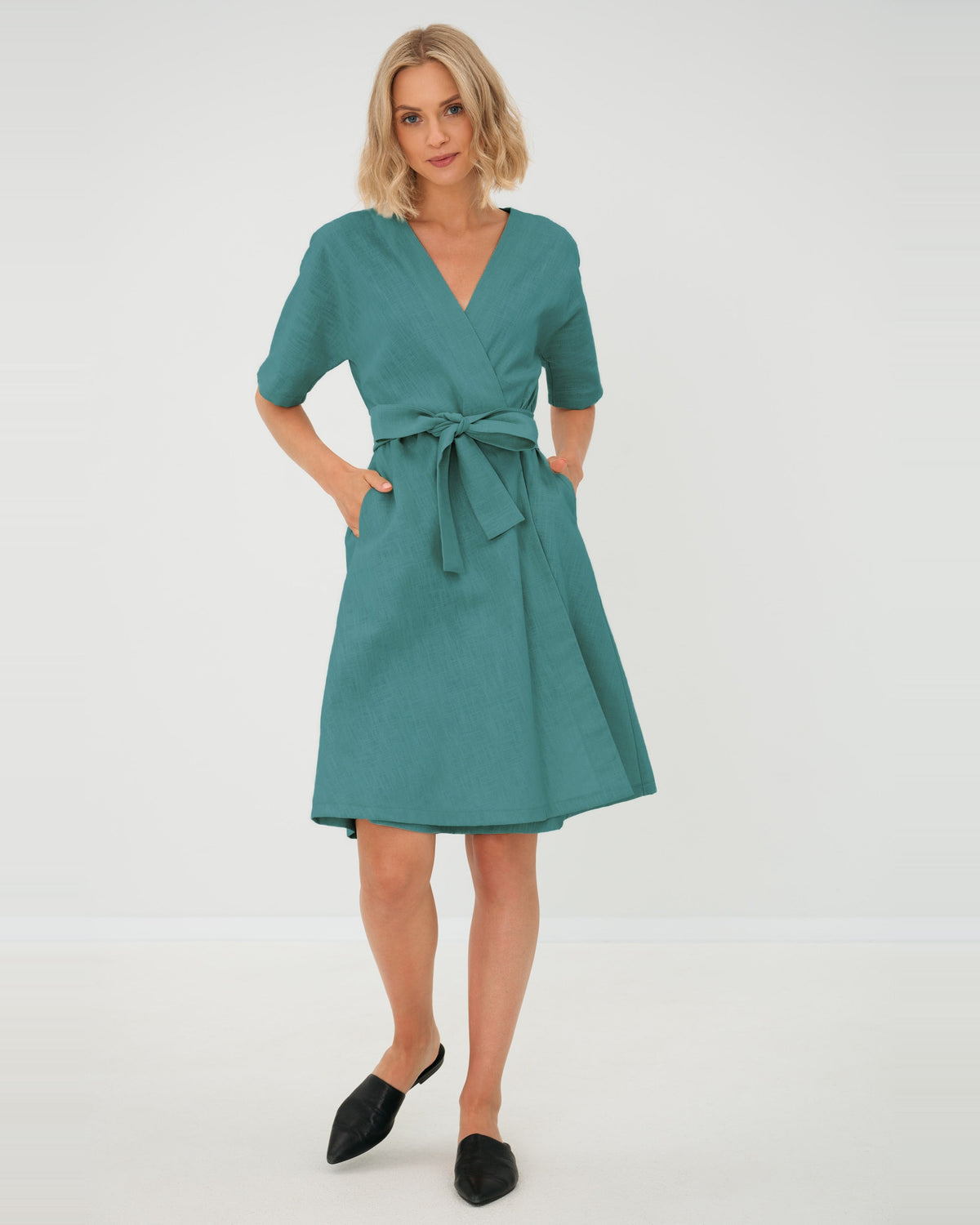 LeMuse CHLOE linen dress in teal – studio front full length #Color_Teal