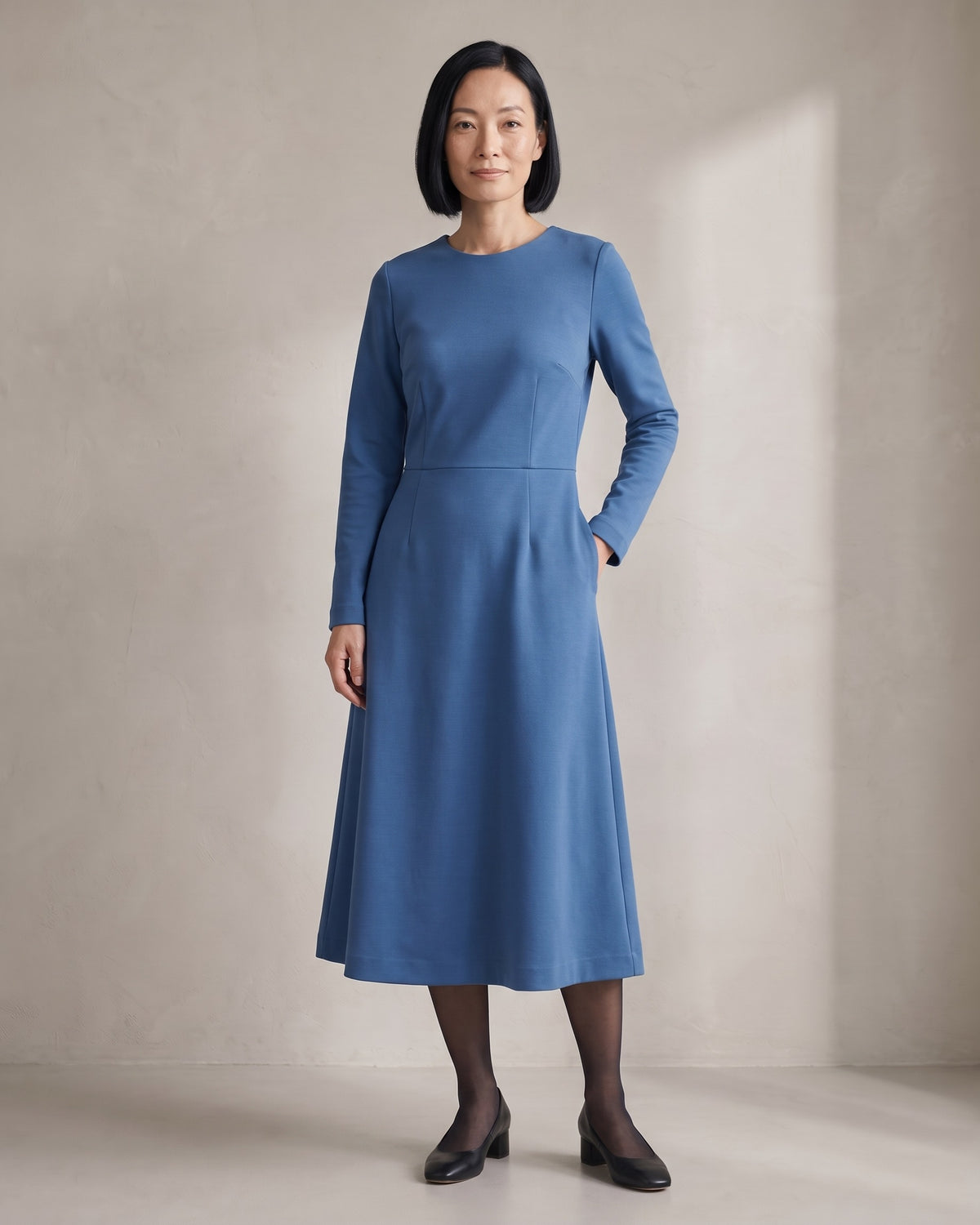 CLARA Punto Milano midi dress in Blue, front view, high round neckline