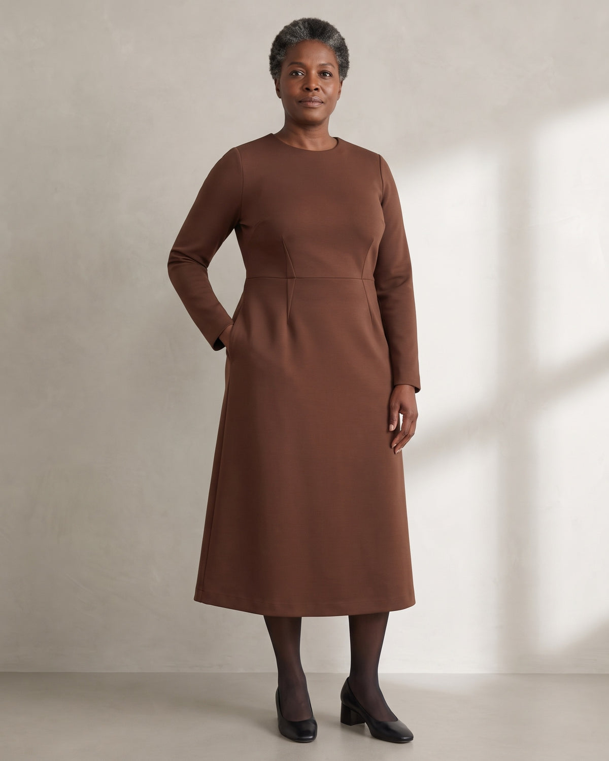 CLARA Punto Milano midi dress in Brown, front view, shaped waist and pockets