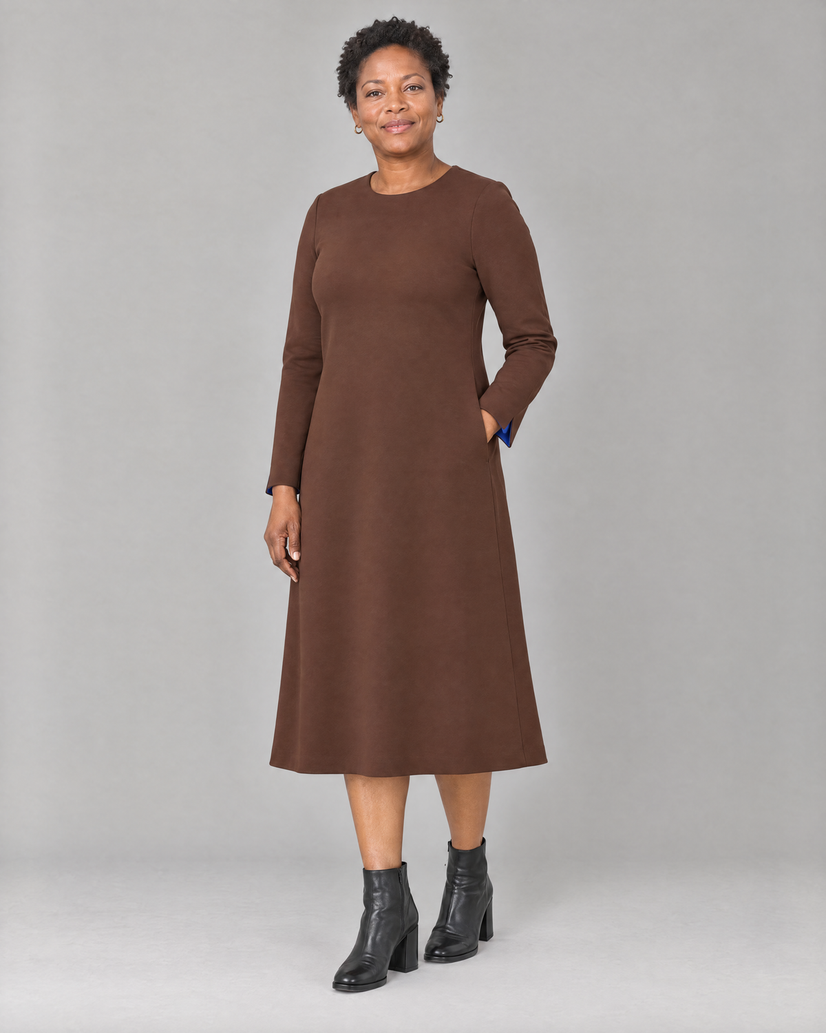 COATFIT brown midi dress, three-quarter view