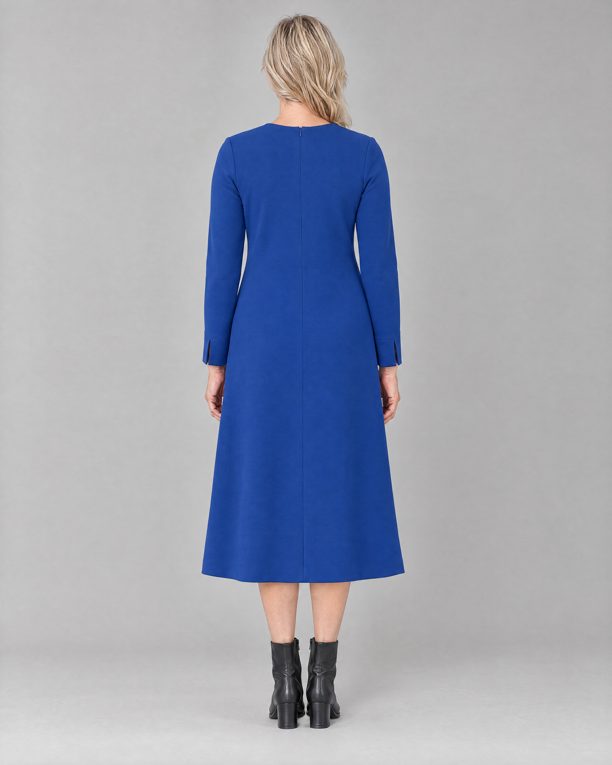 COATFIT cobalt blue midi dress, back view with invisible centre-back zip