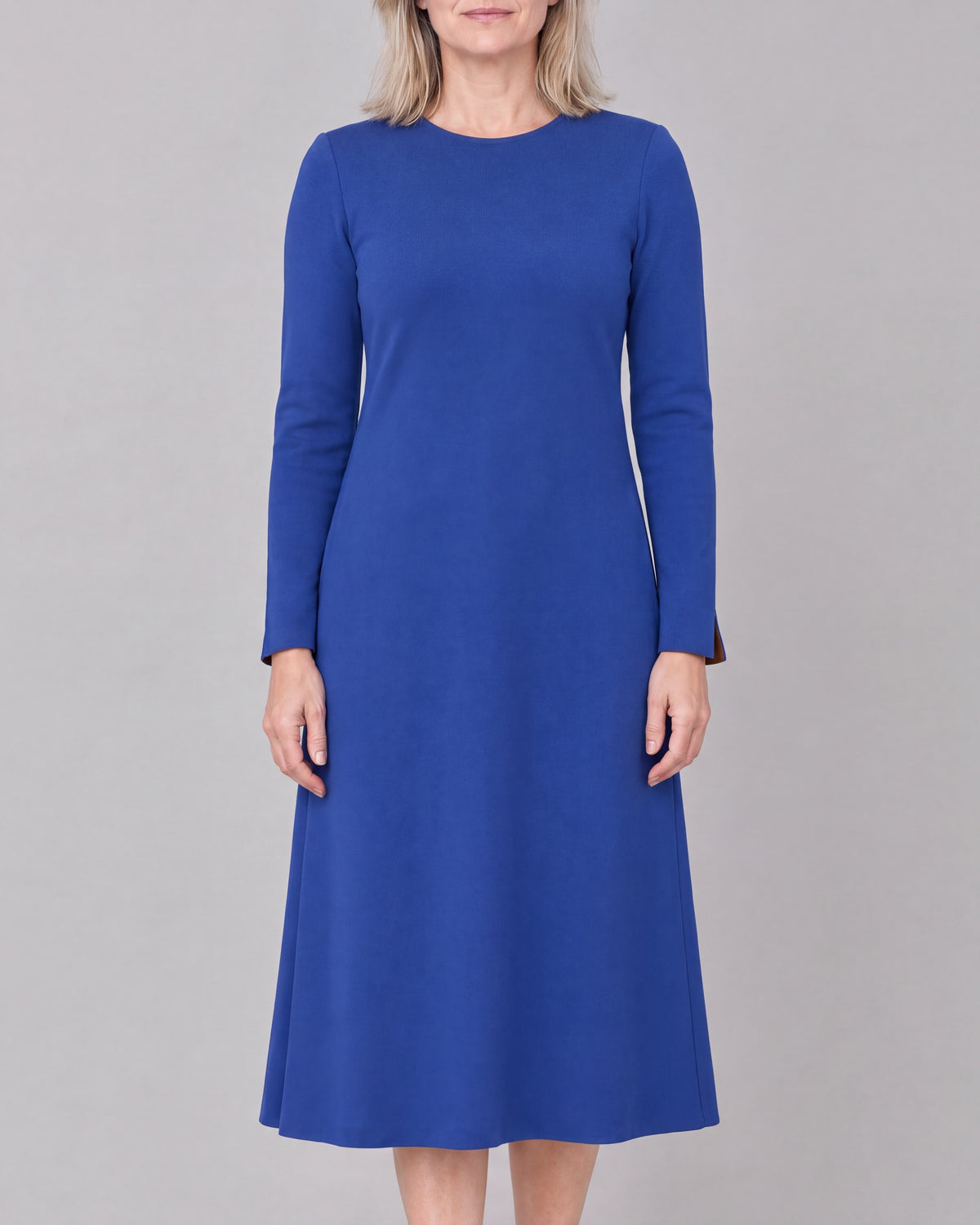 COATFIT Cobalt Punto knit A-line midi dress, close front view