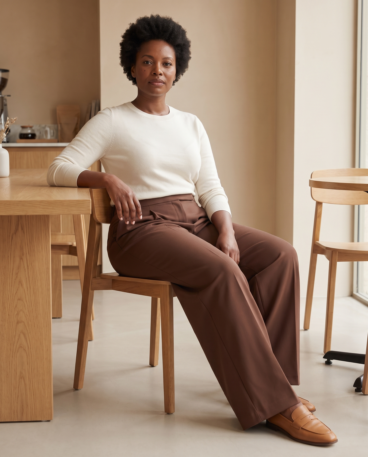 DORA brown wide-leg trousers seated with loafers