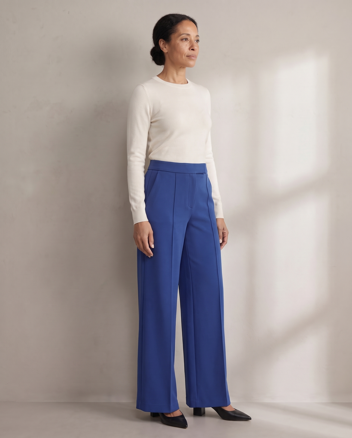 DORA cobalt wide-leg trousers, three-quarter view