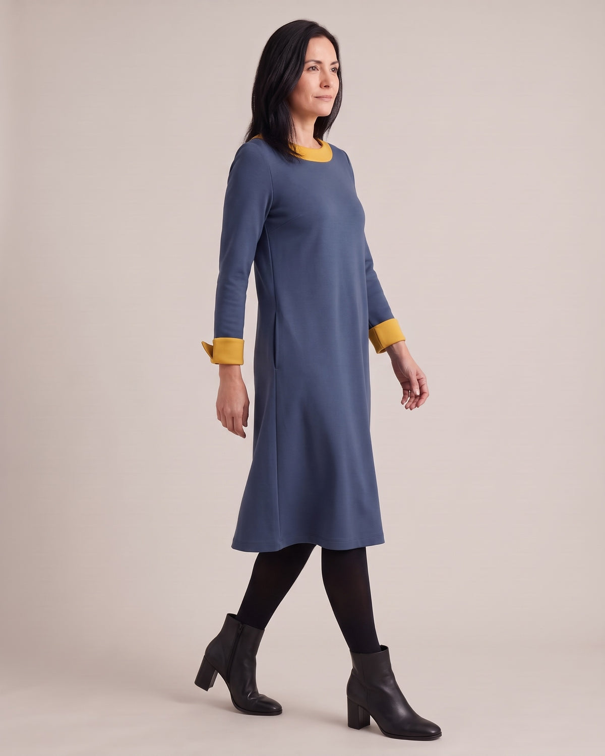 DUO — dvipusė Punto Milano suknelė – mėlyna suknelė, šonas #Color_Blue / Yellow