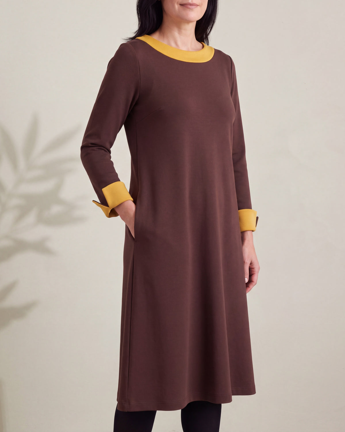 DUO Brown / Yellow Punto Milano midi dress, close front view
