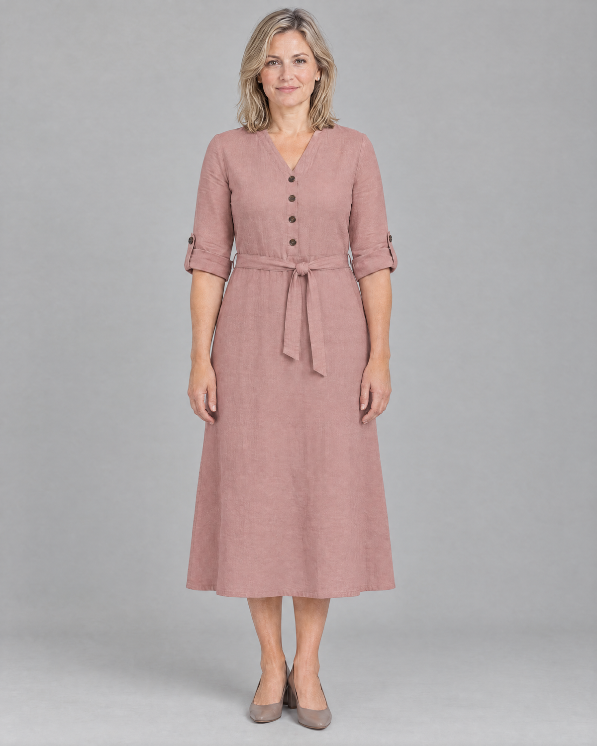 EASY FRONT long sleeve linen A-line midi dress in Dusty Rose, front view
