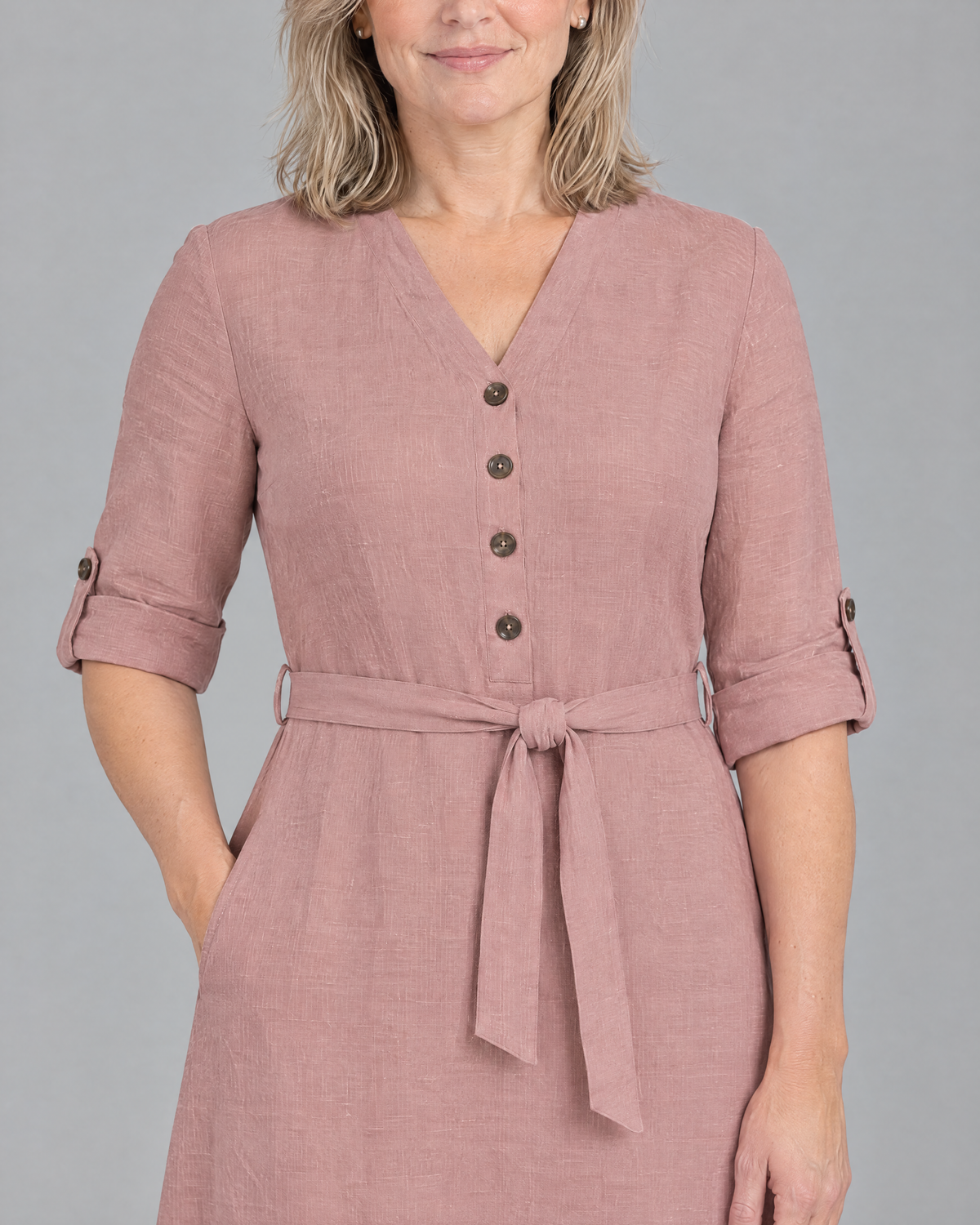 EASY FRONT long sleeve linen A-line midi dress in Dusty Rose, close-up of the button placket and belt