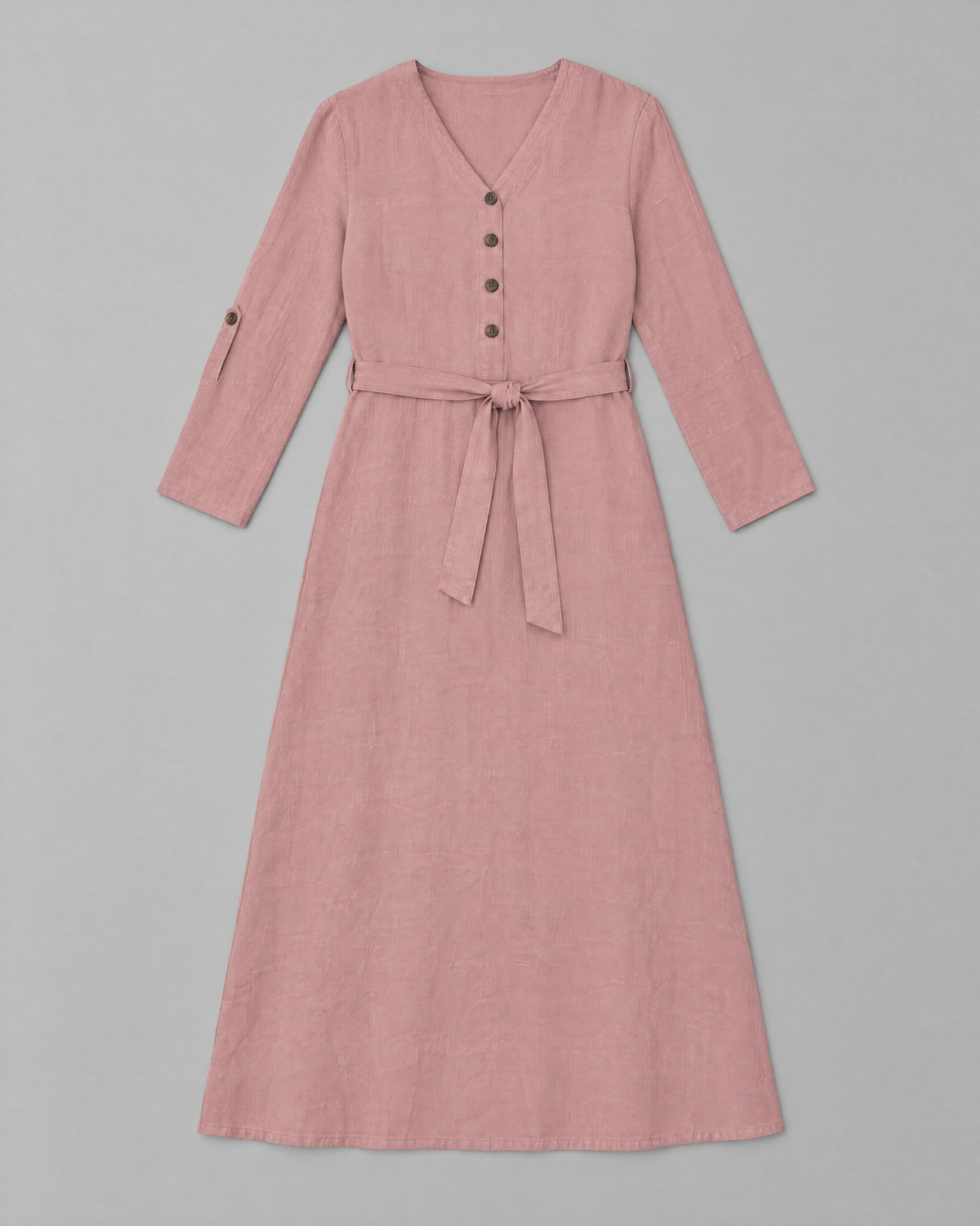 EASY FRONT long sleeve linen A-line midi dress in Dusty Rose, flat lay