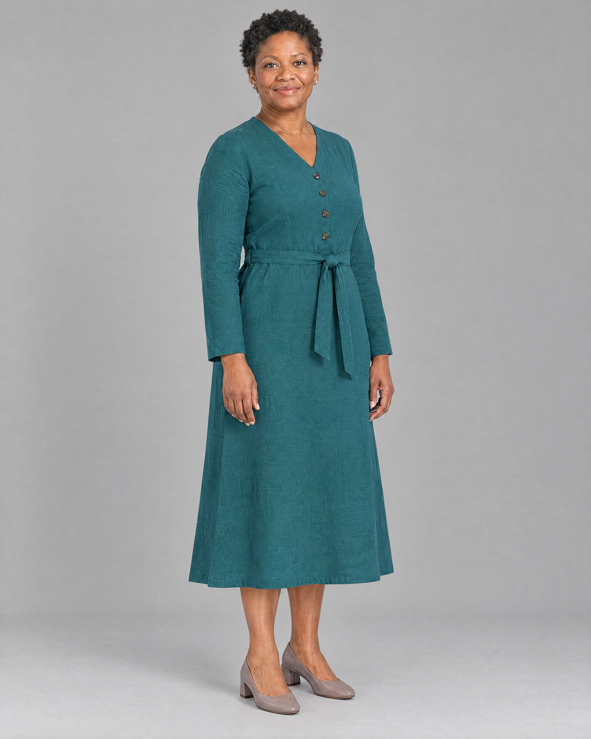 EASY FRONT long sleeve linen A-line midi dress in Teal, three-quarter view