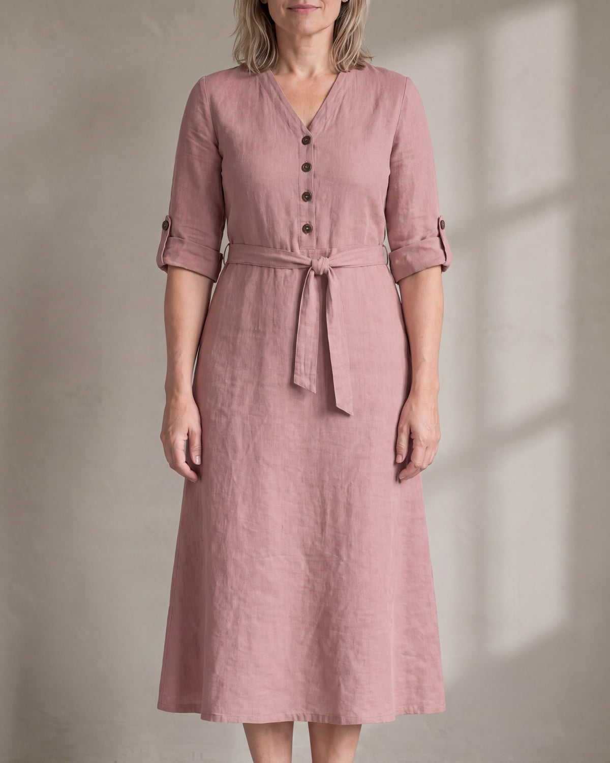 EASY FRONT Dusty Rose linen button-front A-line midi dress, close front view