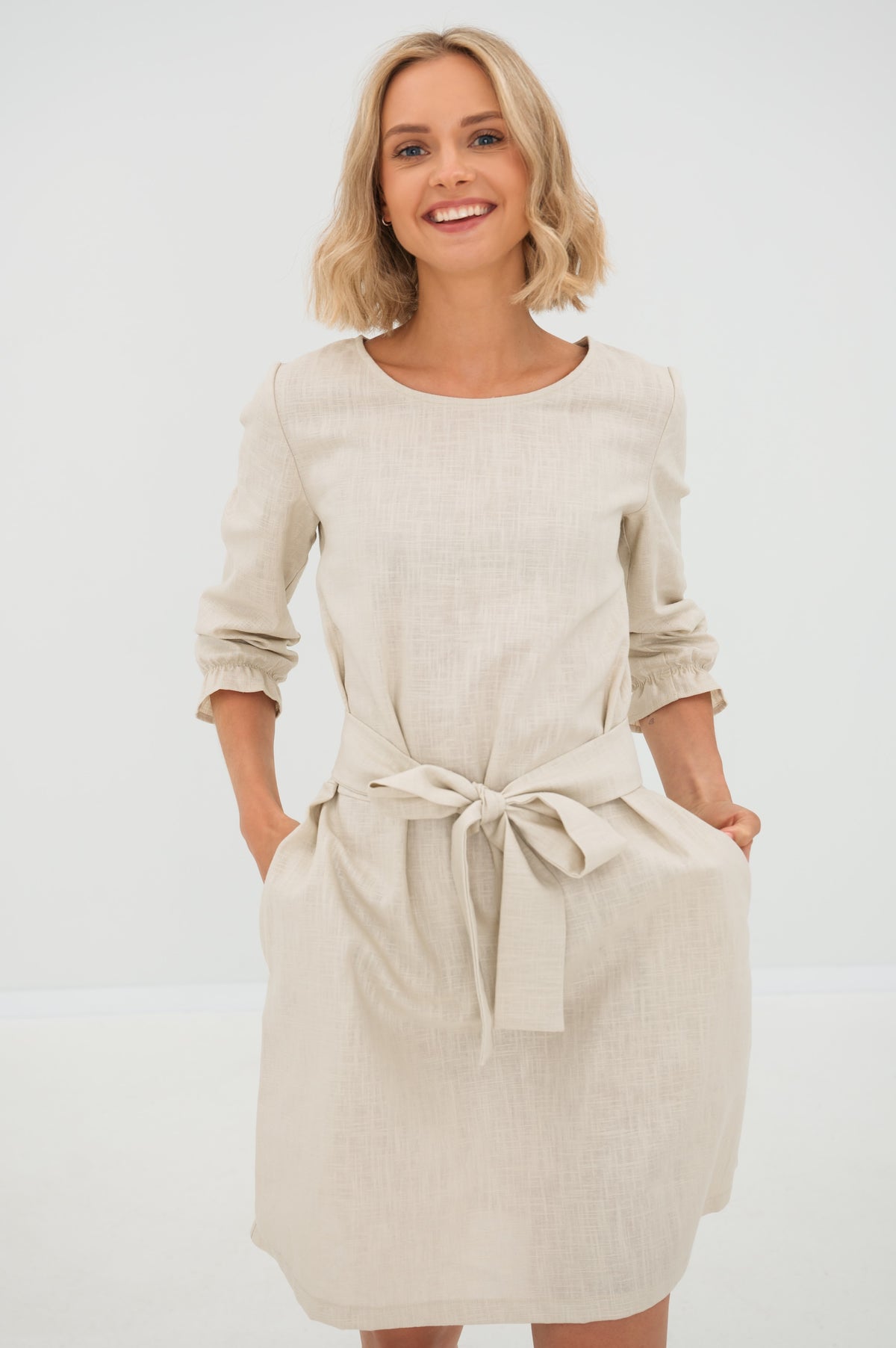 LeMuse EMMA linen dress in beige – studio front full length #Color_Beige