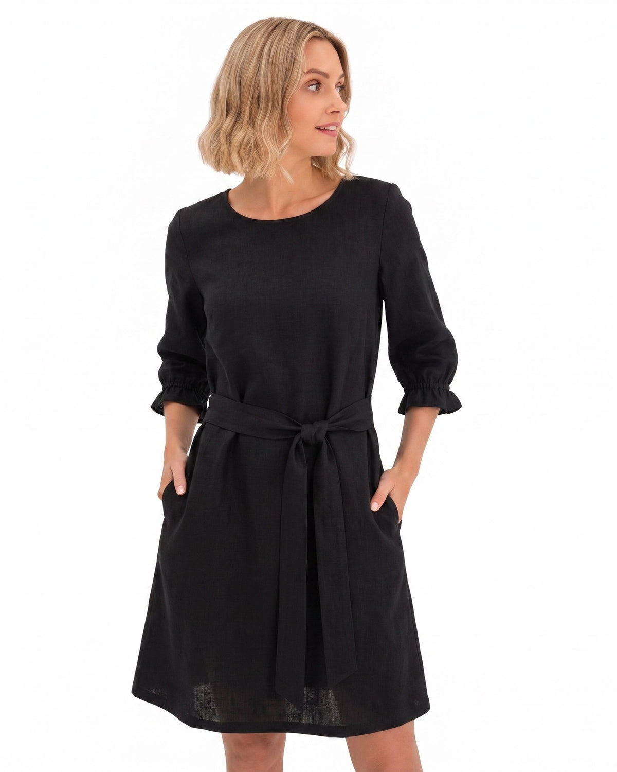 EMMA – Linen Blend Three-Quarter Sleeve Belted Dress – black dress, studio front with tie belt #Color_Black
