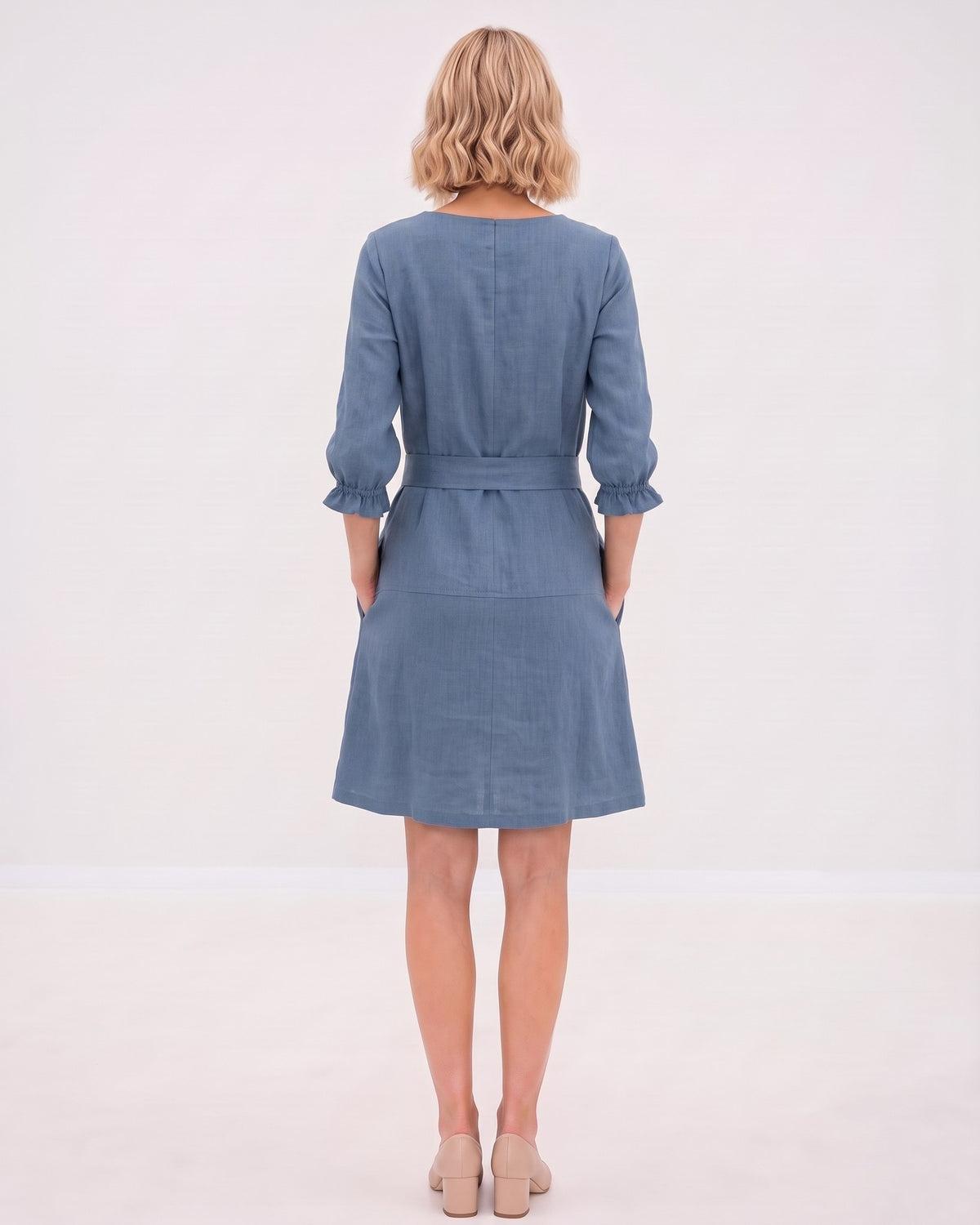EMMA – Linen Blend Three-Quarter Sleeve Belted Dress – blue dress, studio back, full length #Color_Blue
